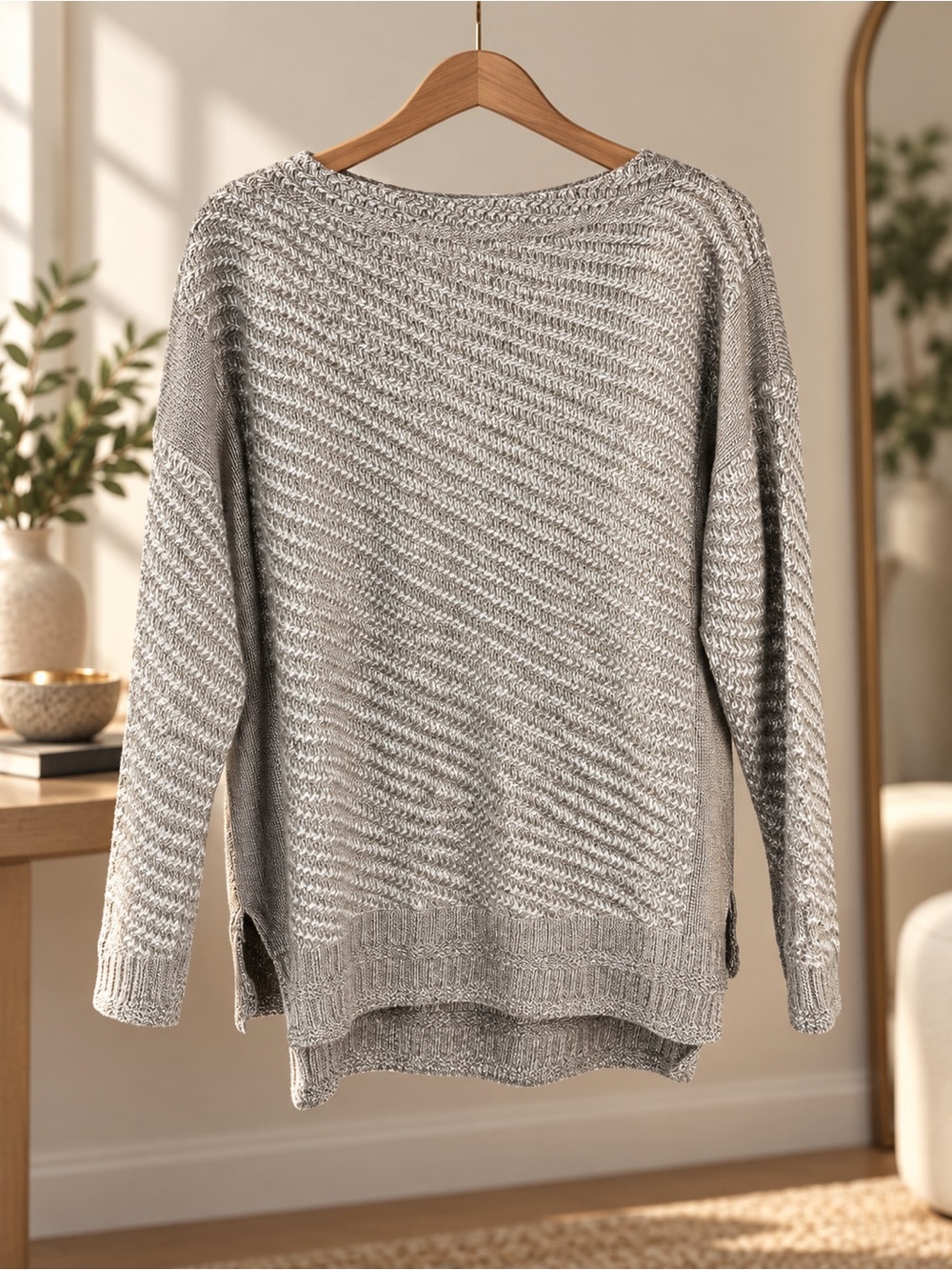 St. John L Metallic Silver Textured Knit High Low Wool Blend Sweater